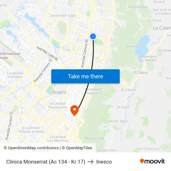 Clinica Monserrat (Ac 134 - Kr 17) to Inesco map