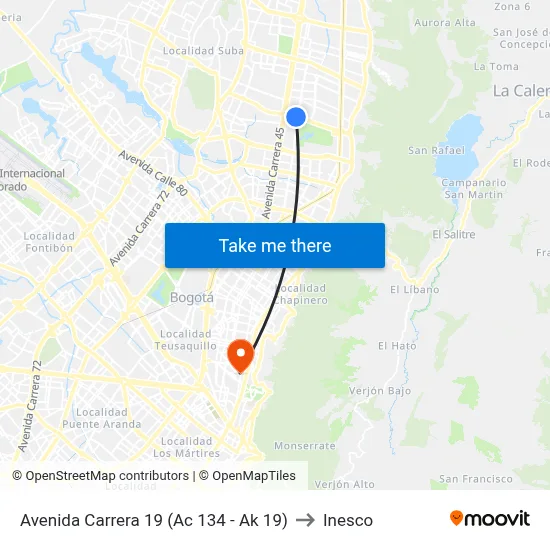 Avenida Carrera 19 (Ac 134 - Ak 19) to Inesco map