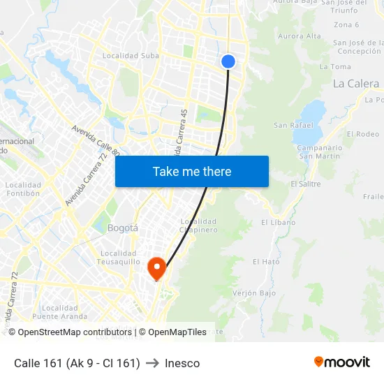 Calle 161 (Ak 9 - Cl 161) to Inesco map
