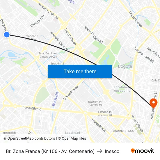 Br. Zona Franca (Kr 106 - Av. Centenario) to Inesco map