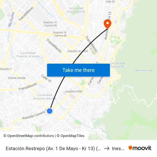 Estación Restrepo (Av. 1 De Mayo - Kr 13) (B) to Inesco map