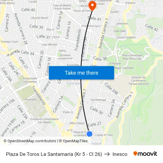 Plaza De Toros La Santamaría (Kr 5 - Cl 26) to Inesco map