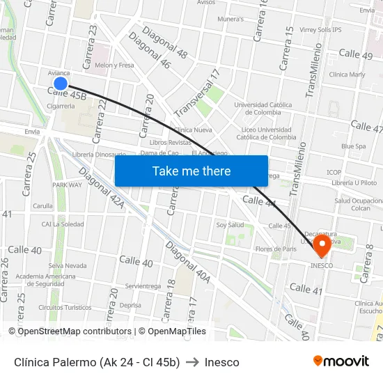 Clínica Palermo (Ak 24 - Cl 45b) to Inesco map