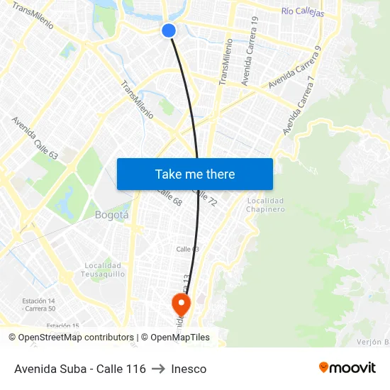 Avenida Suba - Calle 116 to Inesco map