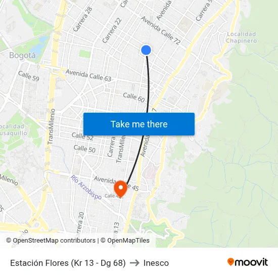 Estación Flores (Kr 13 - Dg 68) to Inesco map