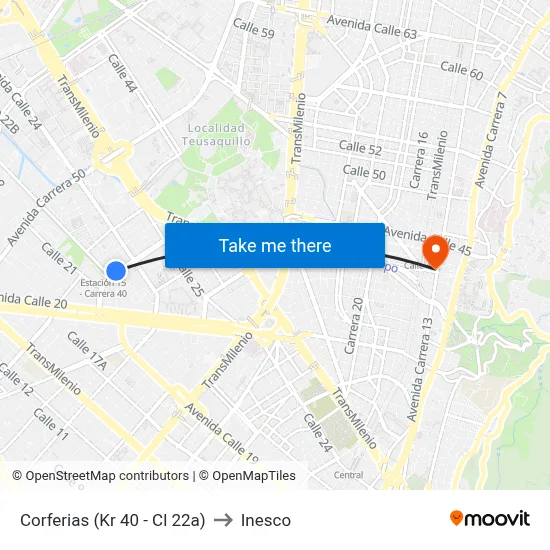 Corferias (Kr 40 - Cl 22a) to Inesco map