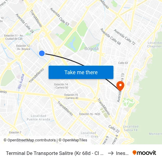 Terminal De Transporte Salitre (Kr 68d - Cl 22c) to Inesco map
