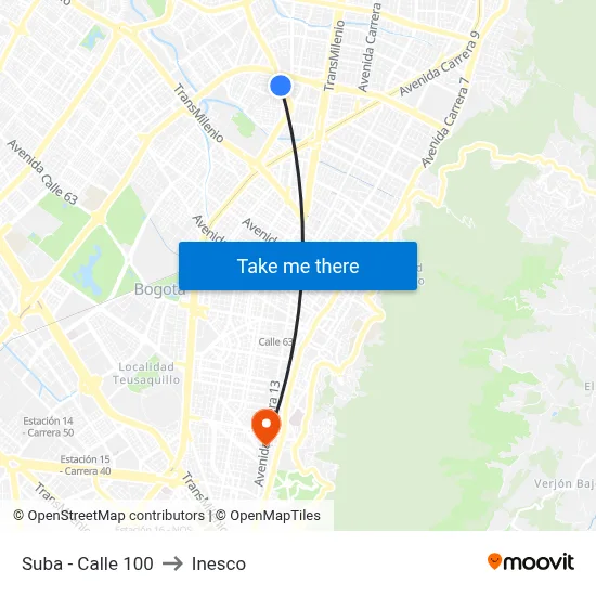 Suba - Calle 100 to Inesco map