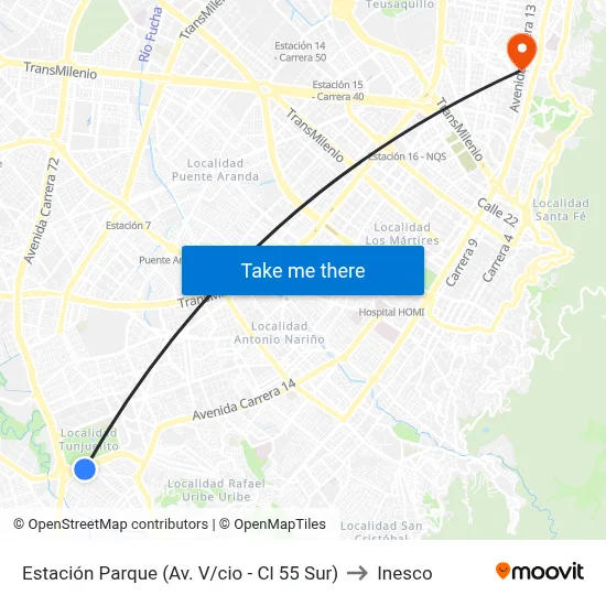 Estación Parque (Av. V/cio - Cl 55 Sur) to Inesco map