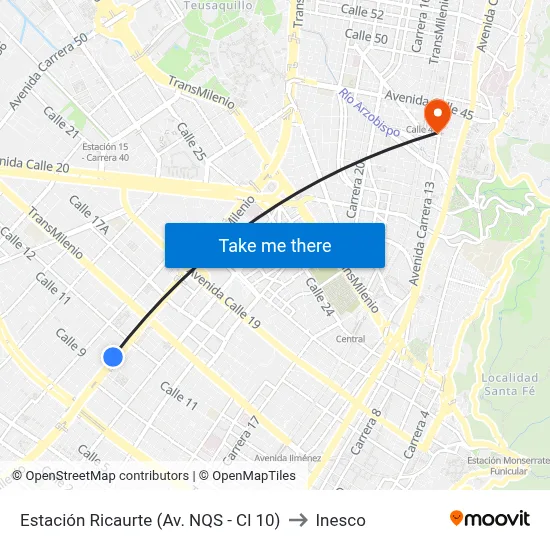 Estación Ricaurte (Av. NQS - Cl 10) to Inesco map