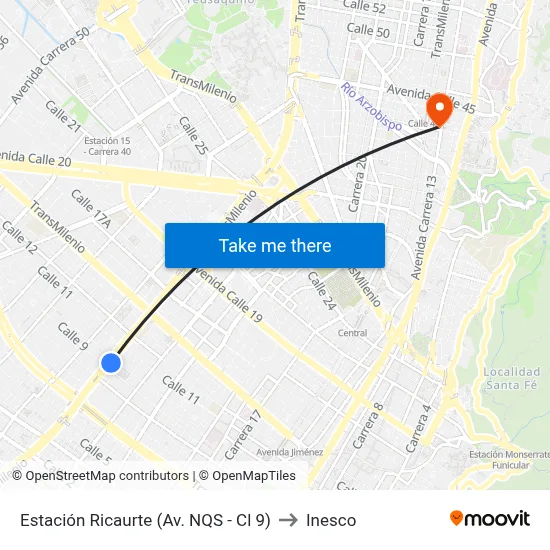 Estación Ricaurte (Av. NQS - Cl 9) to Inesco map