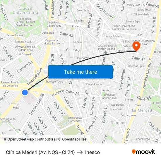 Clínica Méderi (Av. NQS - Cl 24) to Inesco map