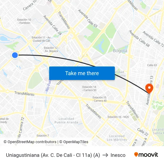 Uniagustiniana (Av. C. De Cali - Cl 11a) (A) to Inesco map