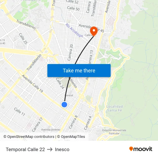 Temporal Calle 22 to Inesco map