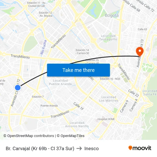 Br. Carvajal (Kr 69b - Cl 37a Sur) to Inesco map