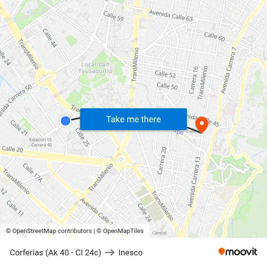 Corferias (Ak 40 - Cl 24c) to Inesco map