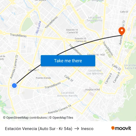 Estación Venecia (Auto Sur - Kr 54a) to Inesco map