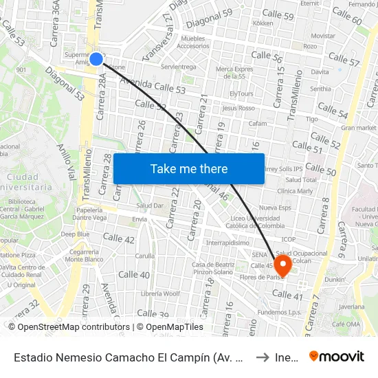 Estadio Nemesio Camacho El Campín (Av. NQS - Cl 53) to Inesco map