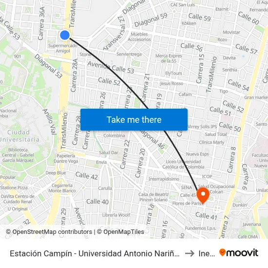 Estación Campín - Universidad Antonio Nariño (Av. NQS - Cl 53a Bis) to Inesco map