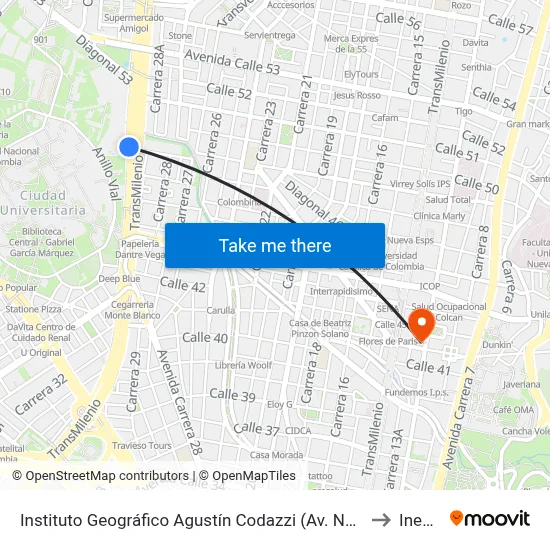 Instituto Geográfico Agustín Codazzi (Av. NQS - Cl 48) to Inesco map