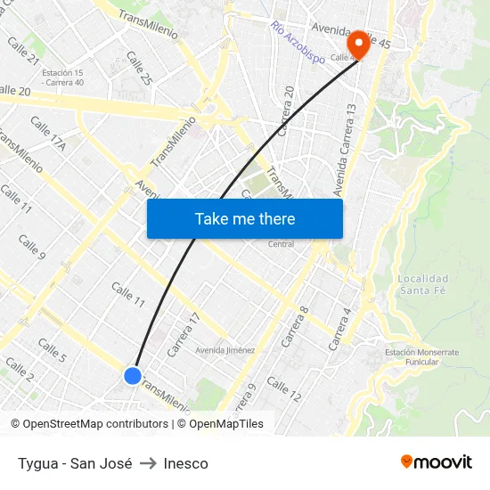 Tygua - San José to Inesco map