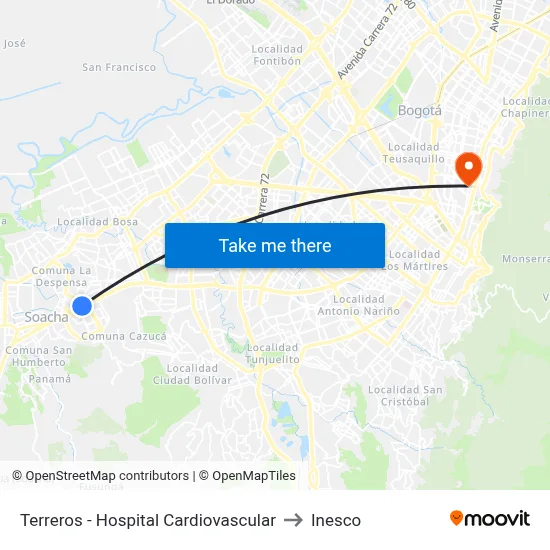 Terreros - Hospital Cardiovascular to Inesco map