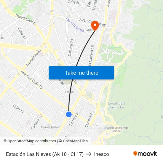 Estación Las Nieves (Ak 10 - Cl 17) to Inesco map