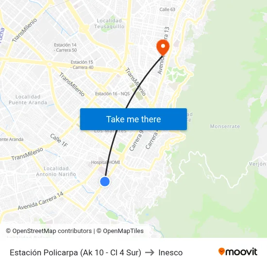 Estación Policarpa (Ak 10 - Cl 4 Sur) to Inesco map