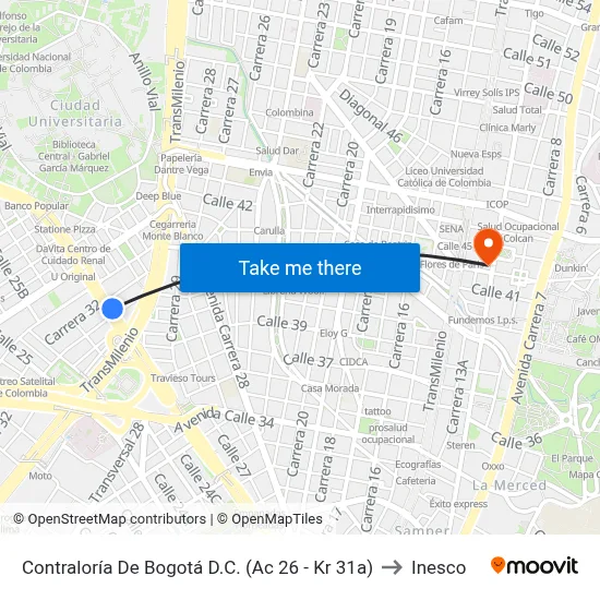 Contraloría De Bogotá D.C. (Ac 26 - Kr 31a) to Inesco map