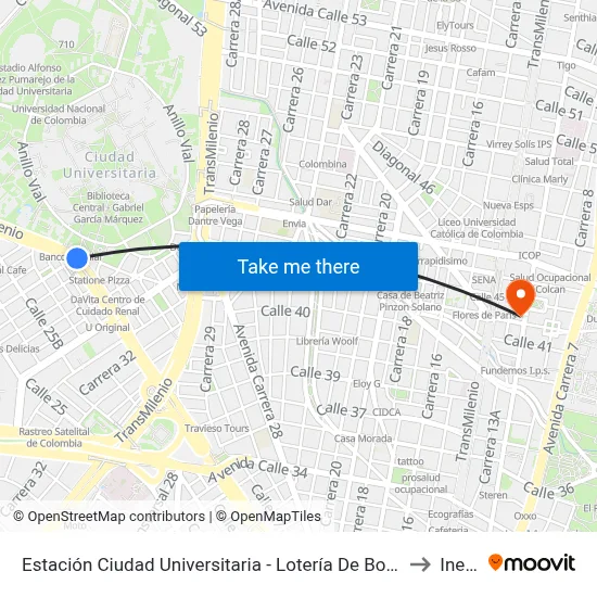 Estación Ciudad Universitaria - Lotería De Bogotá (Ac 26 - Kr 36) to Inesco map