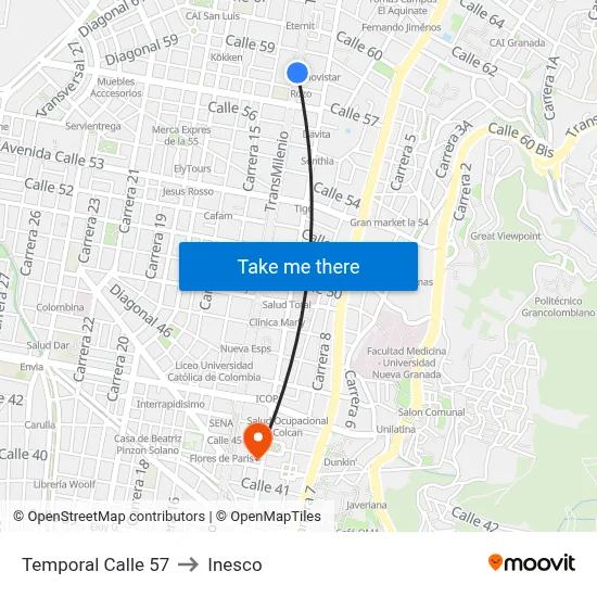 Temporal Calle 57 to Inesco map