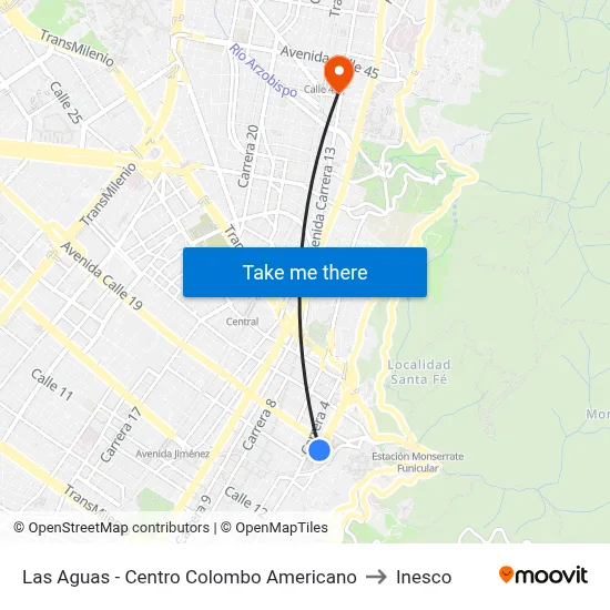 Las Aguas - Centro Colombo Americano to Inesco map