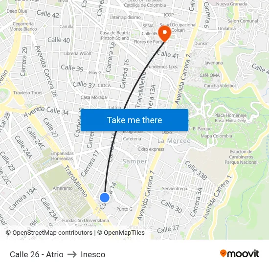 Calle 26 - Atrio to Inesco map