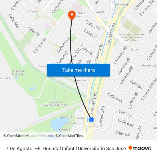 7 De Agosto to Hospital Infantil Universitario San José map