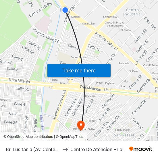 Br. Lusitania (Av. Centenario - Ak 68d) to Centro De Atención Prioritaria En Salud map