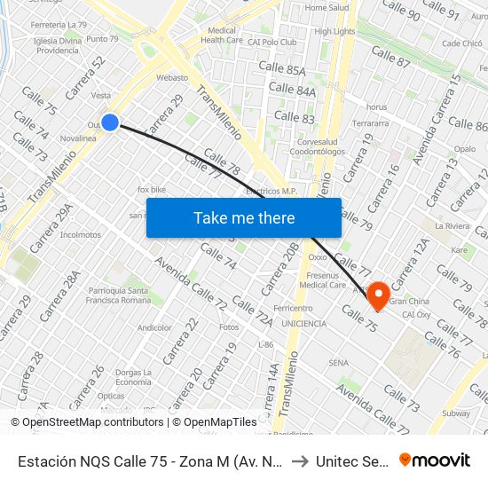 Estación NQS Calle 75 - Zona M (Av. NQS - Cl 75) to Unitec Sede C map