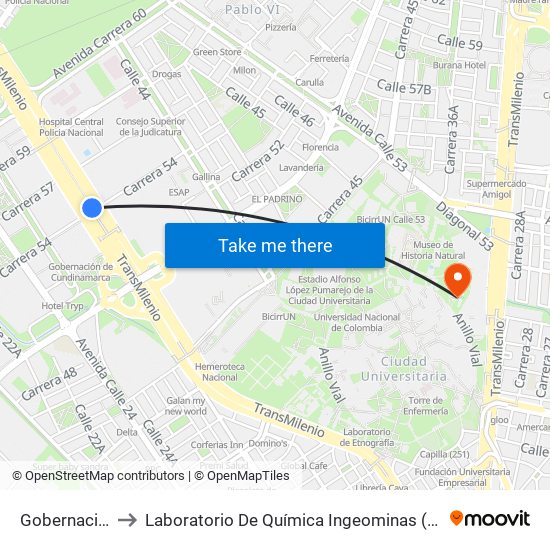 Gobernación to Laboratorio De Química Ingeominas (615) map