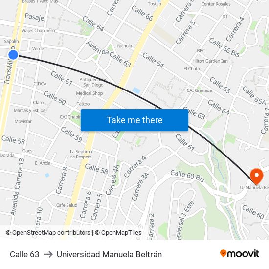 Calle 63 to Universidad Manuela Beltrán map
