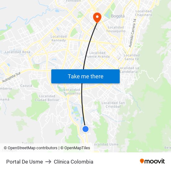 Portal De Usme to Clínica Colombia map