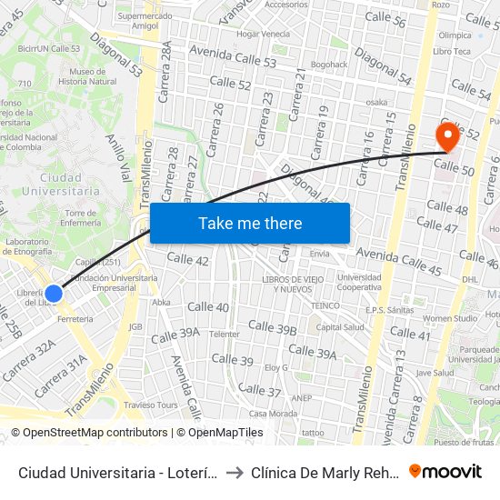 Ciudad Universitaria - Lotería De Bogotá to Clínica De Marly Rehablitación map