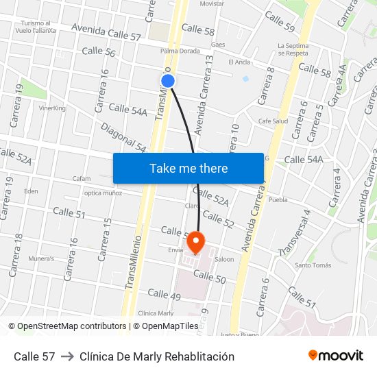 Calle 57 to Clínica De Marly Rehablitación map