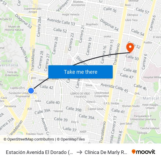 Estación Avenida El Dorado (Av. NQS - Cl 40a) to Clínica De Marly Rehablitación map