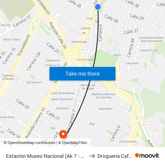 Estación Museo Nacional (Ak 7 - Cl 29) to Drogueria Cafam map