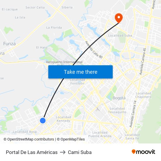 Portal De Las Américas to Cami Suba map
