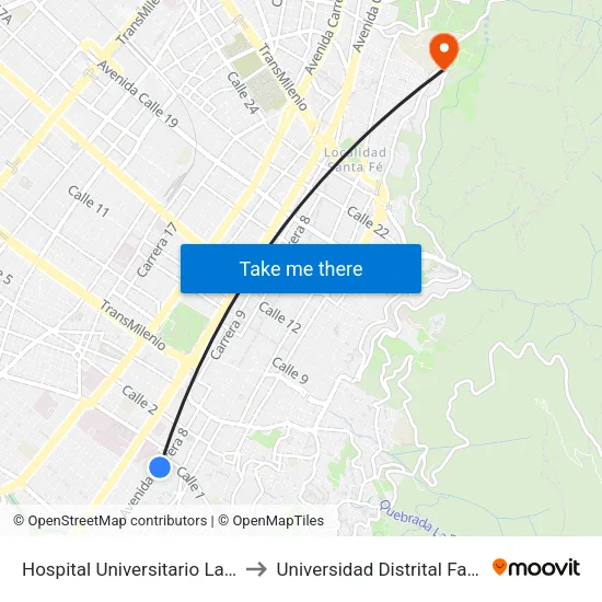 Hospital Universitario La Samaritana (Kr 8 - Cl 0 Sur) to Universidad Distrital Facultad Del Medio Ambiente map