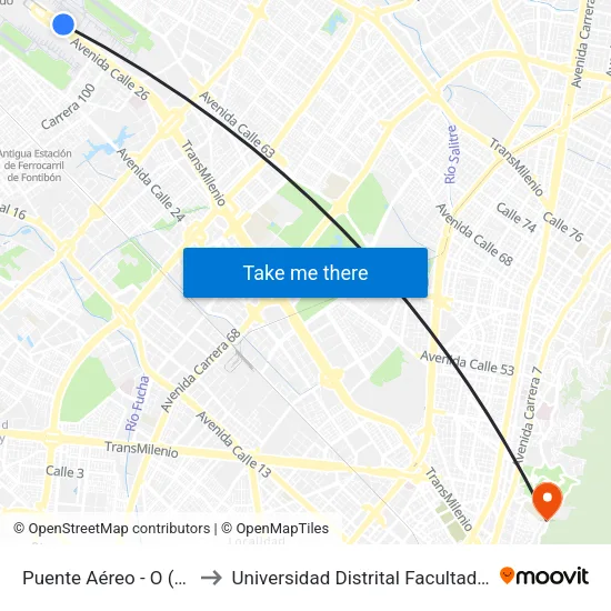 Puente Aéreo - O (Ac 26 - Kr 106) to Universidad Distrital Facultad Del Medio Ambiente map