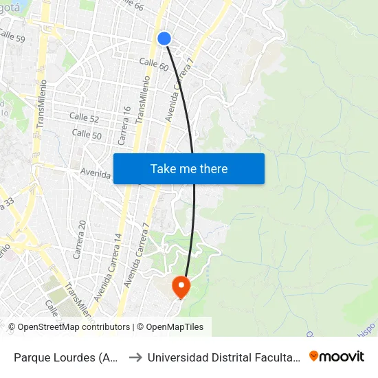 Parque Lourdes (Ak 13 - Cl 63a) (B) to Universidad Distrital Facultad Del Medio Ambiente map