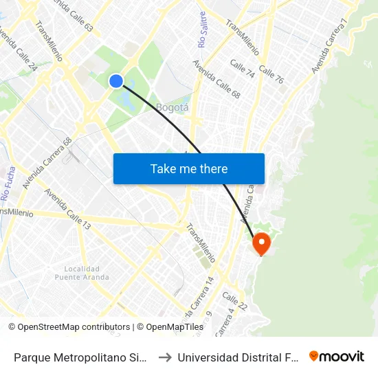 Parque Metropolitano Simón Bolívar (Ak 68 - Cl 49a) (B) to Universidad Distrital Facultad Del Medio Ambiente map