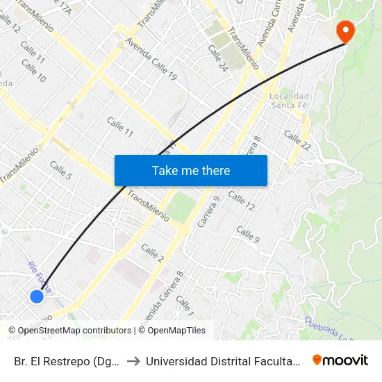 Br. El Restrepo (Dg 12 Sur - Kr 18) to Universidad Distrital Facultad Del Medio Ambiente map