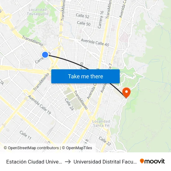 Estación Ciudad Universitaria (Kr 33 - Ac 26) to Universidad Distrital Facultad Del Medio Ambiente map
